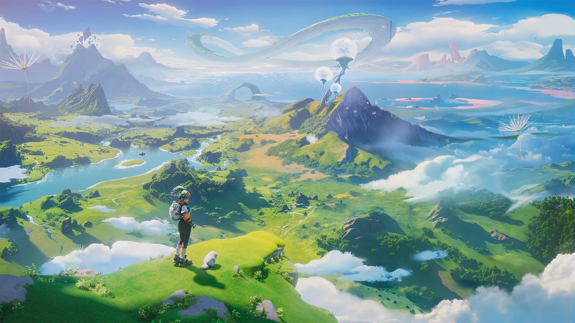 Aniimo landscape panorama with grassy hills, rivers and clouds