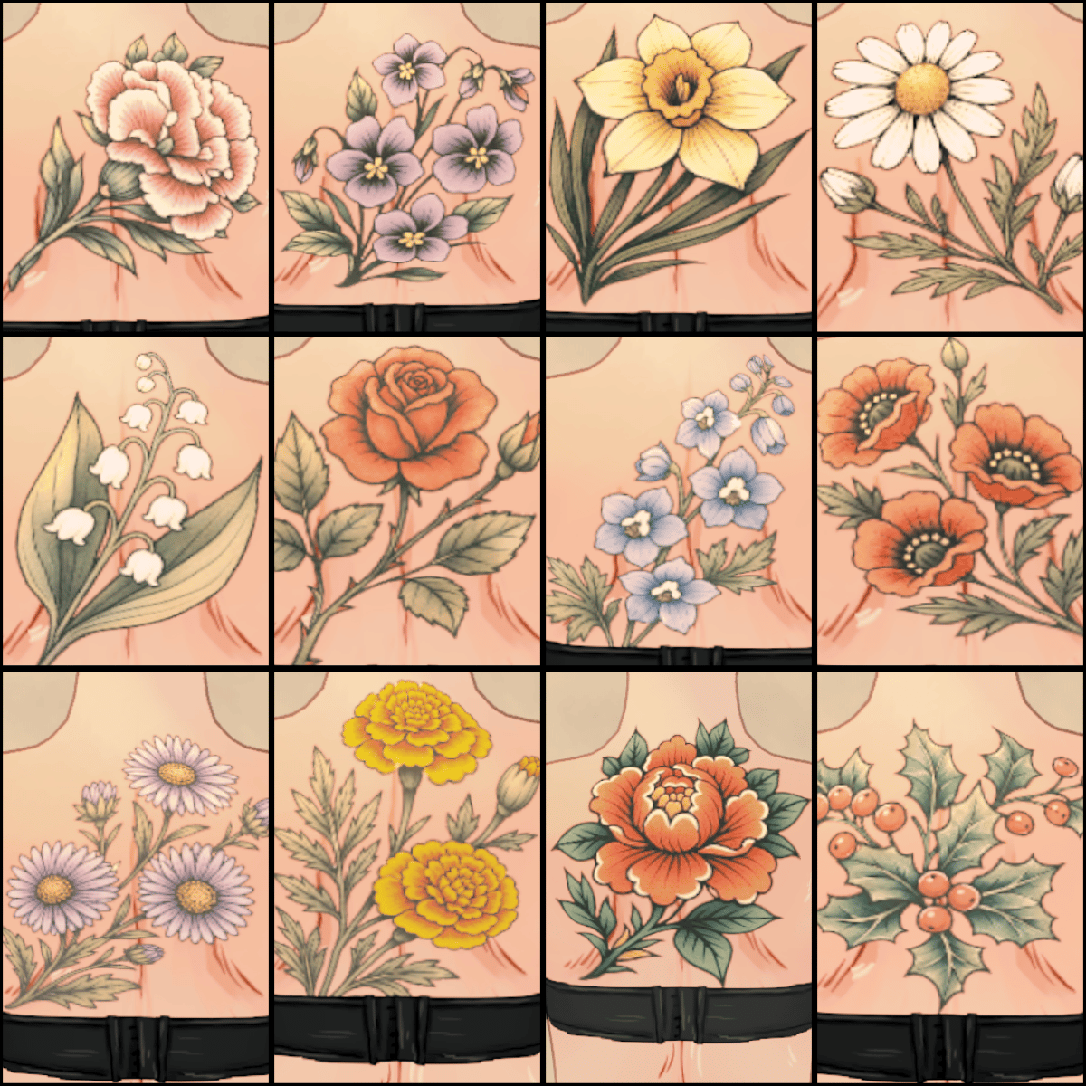 Birth Blooms: Traditional Floral Tattoo Collection image 1