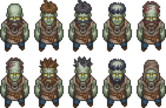 Worker zombies with each of the 10 heads