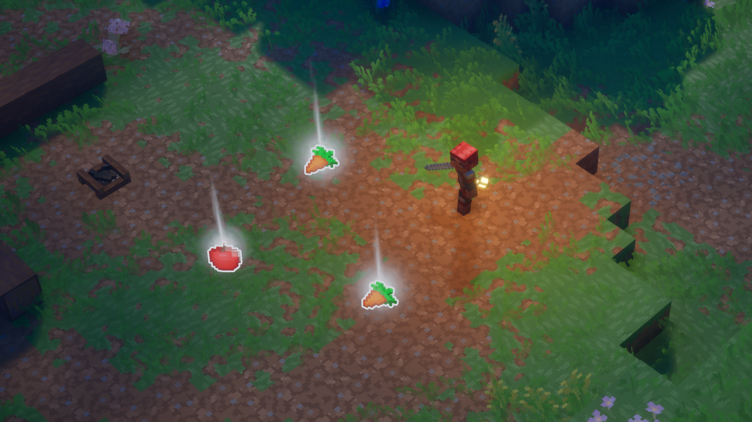 An apple and two carrots dropped on the ground