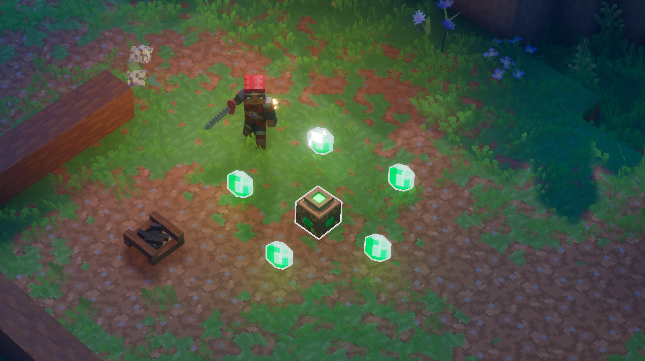 Emeralds dropped around a chest