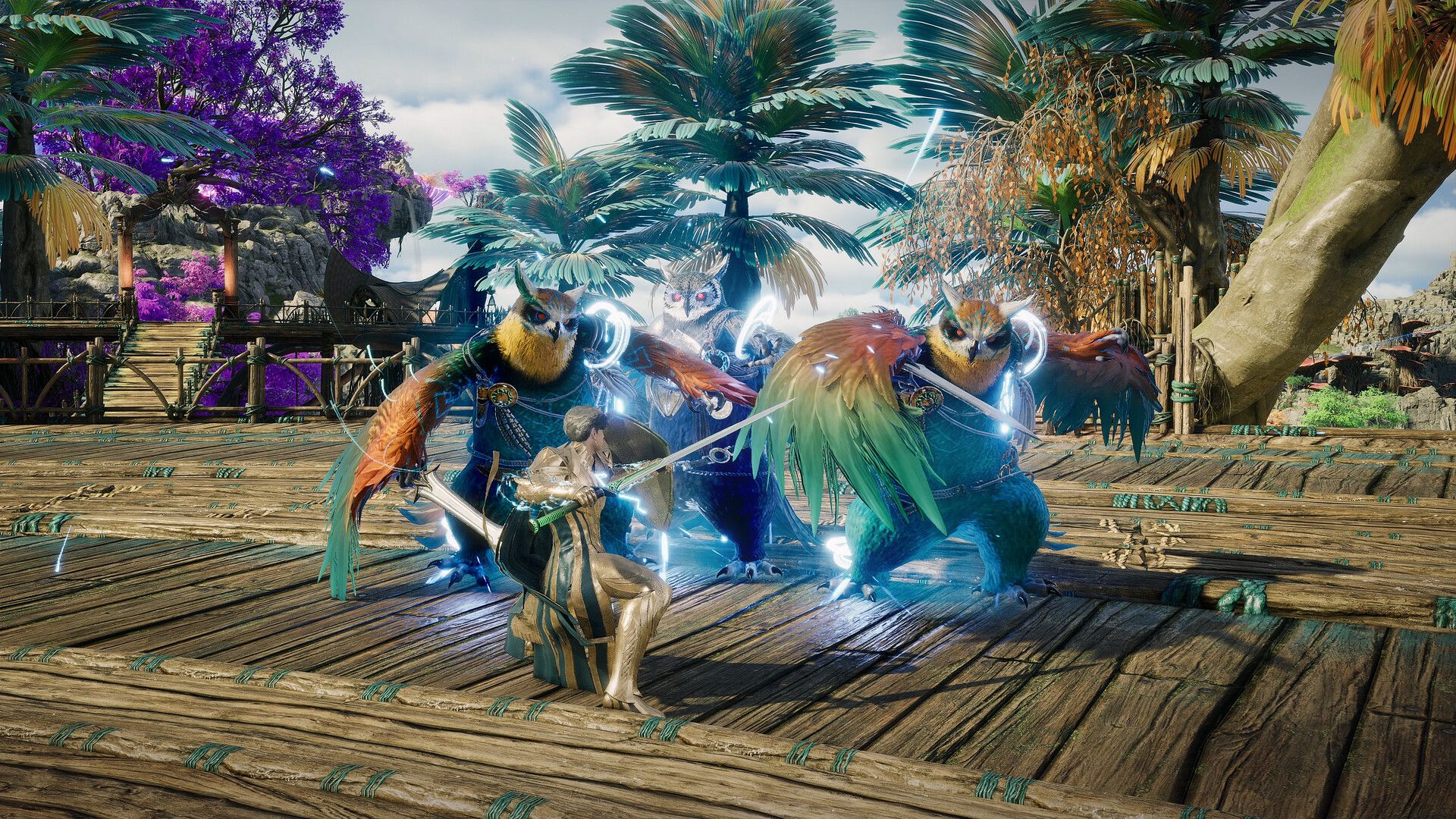 A fight with feathered creatures on a wooden deck