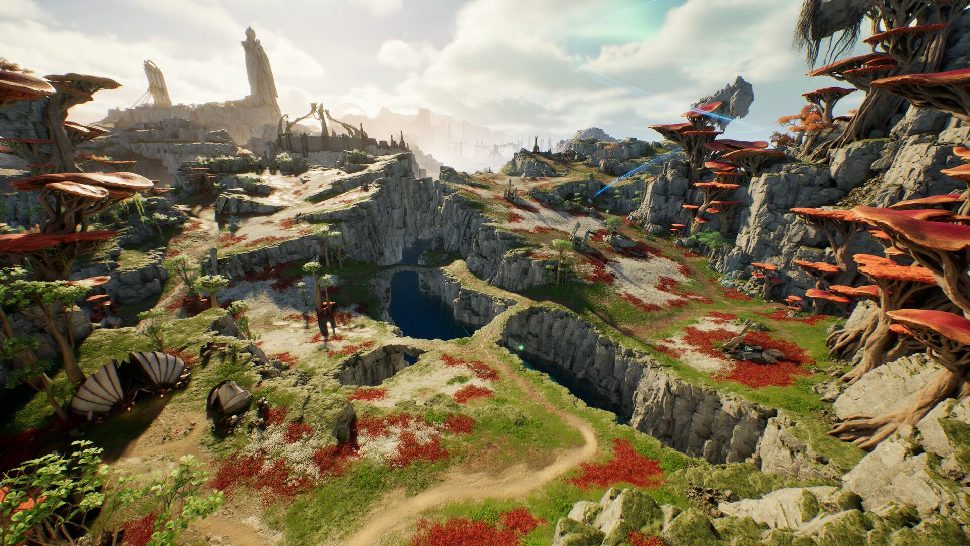 Rocky highlands with red flowers and giant mushrooms
