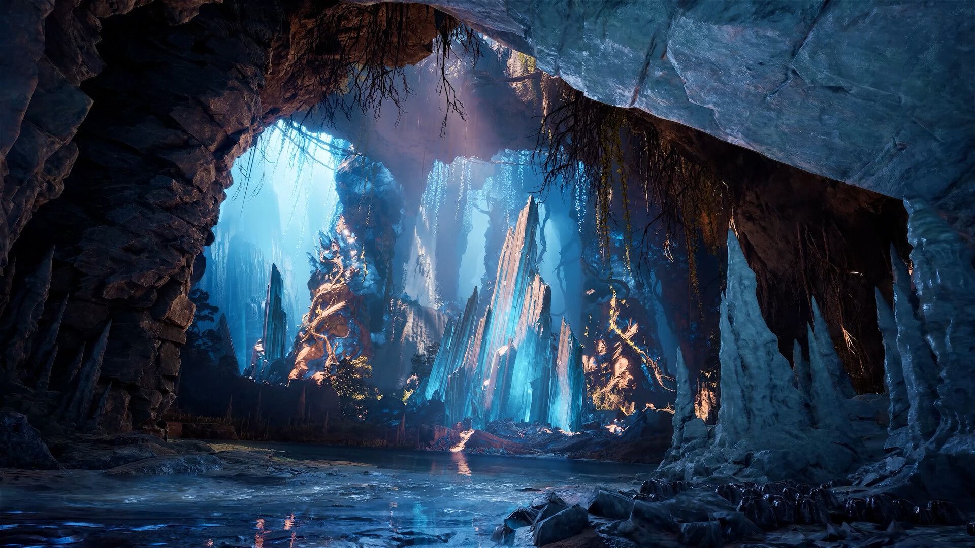 A cave of glowing blue crystals