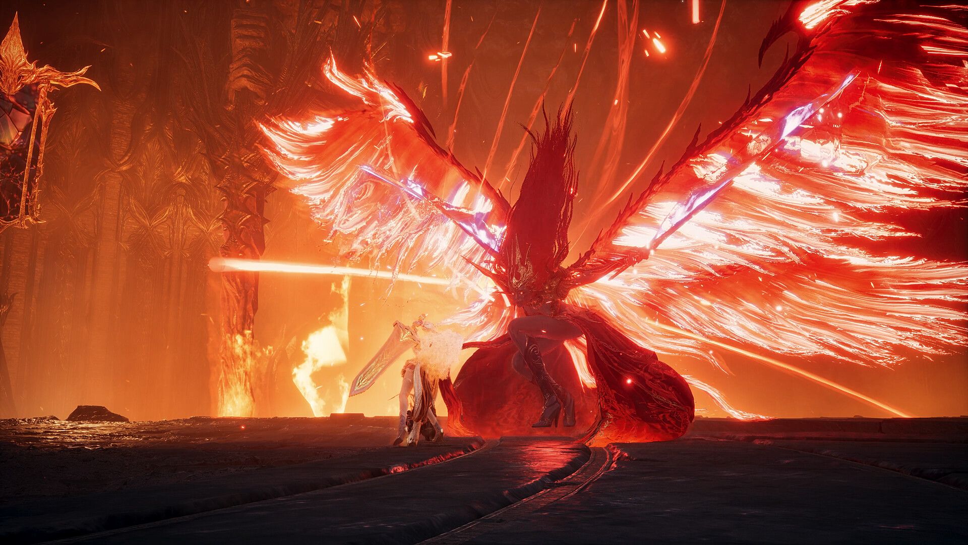 A winged fire boss in a burning hall