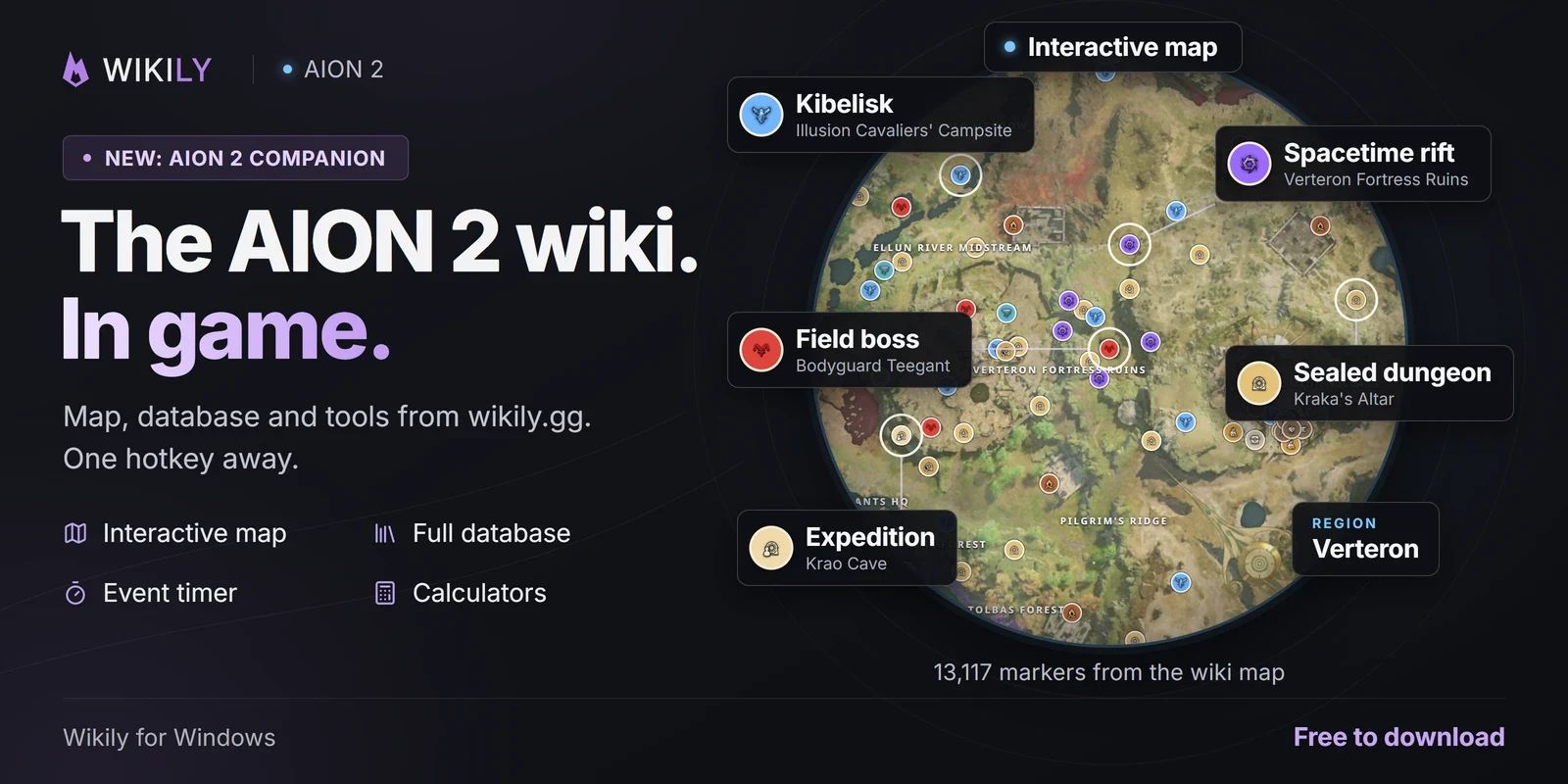 Wikily for Windows (Overwolf): the AION 2 interactive map with every marker from the wiki