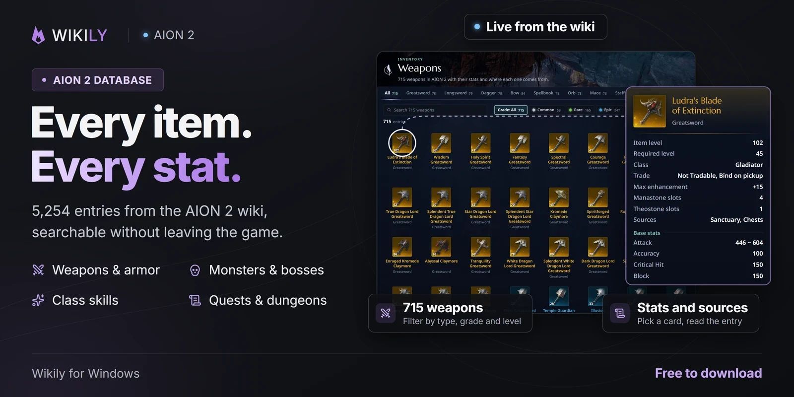Wikily for Windows (Overwolf): every AION 2 item and stat