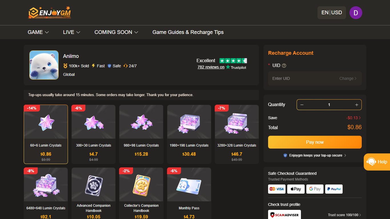 Enjoygm's Aniimo top-up page with Lumin Crystal packages