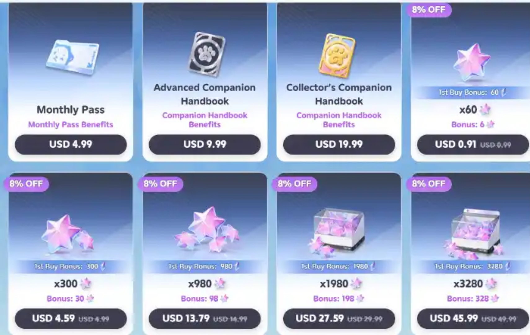 Store listing of the Monthly Pass, the Companion Handbooks and Lumin Crystal packs