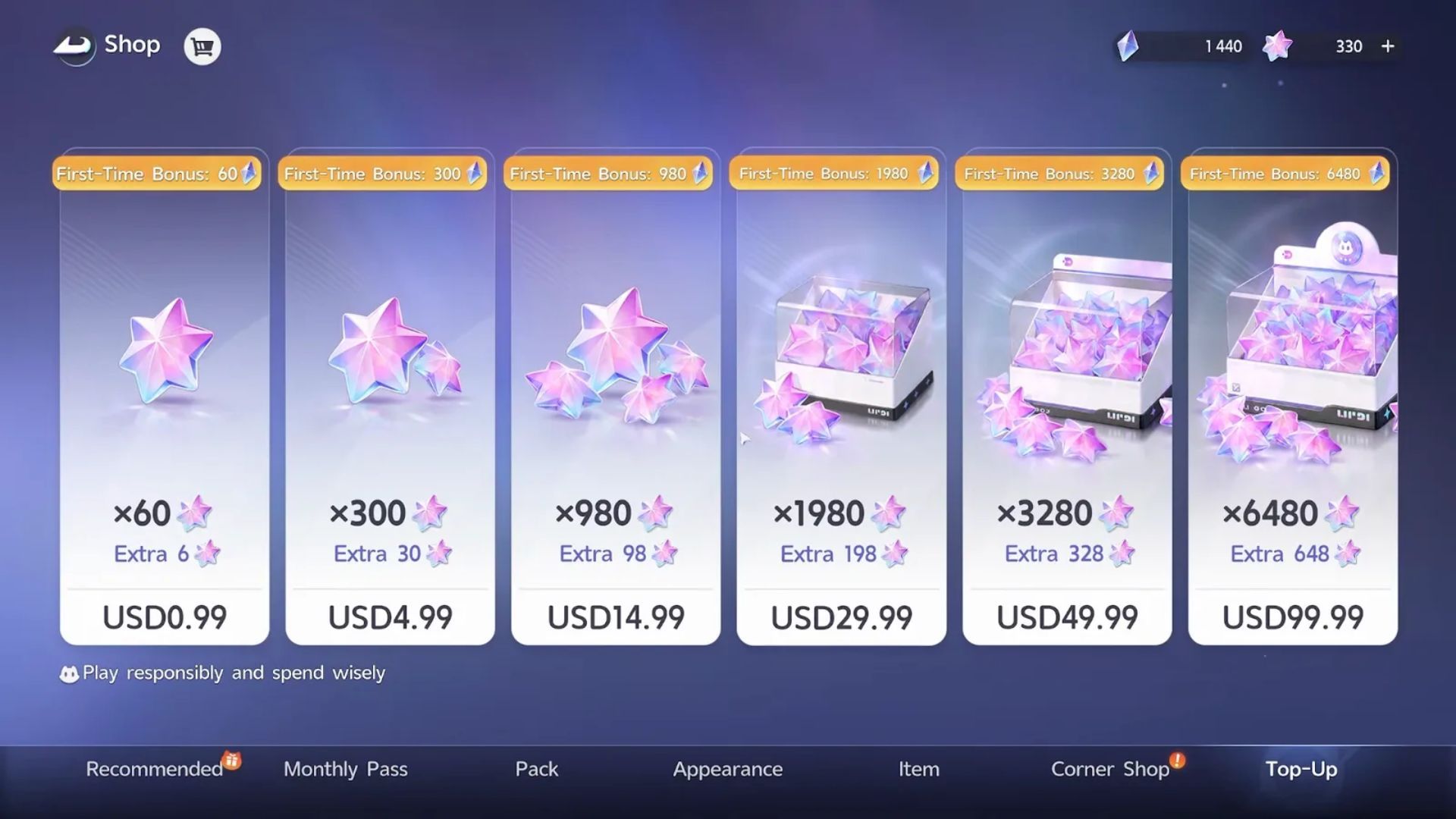 The Top-Up tab of the Aniimo Shop with the six Lumin Crystal tiers