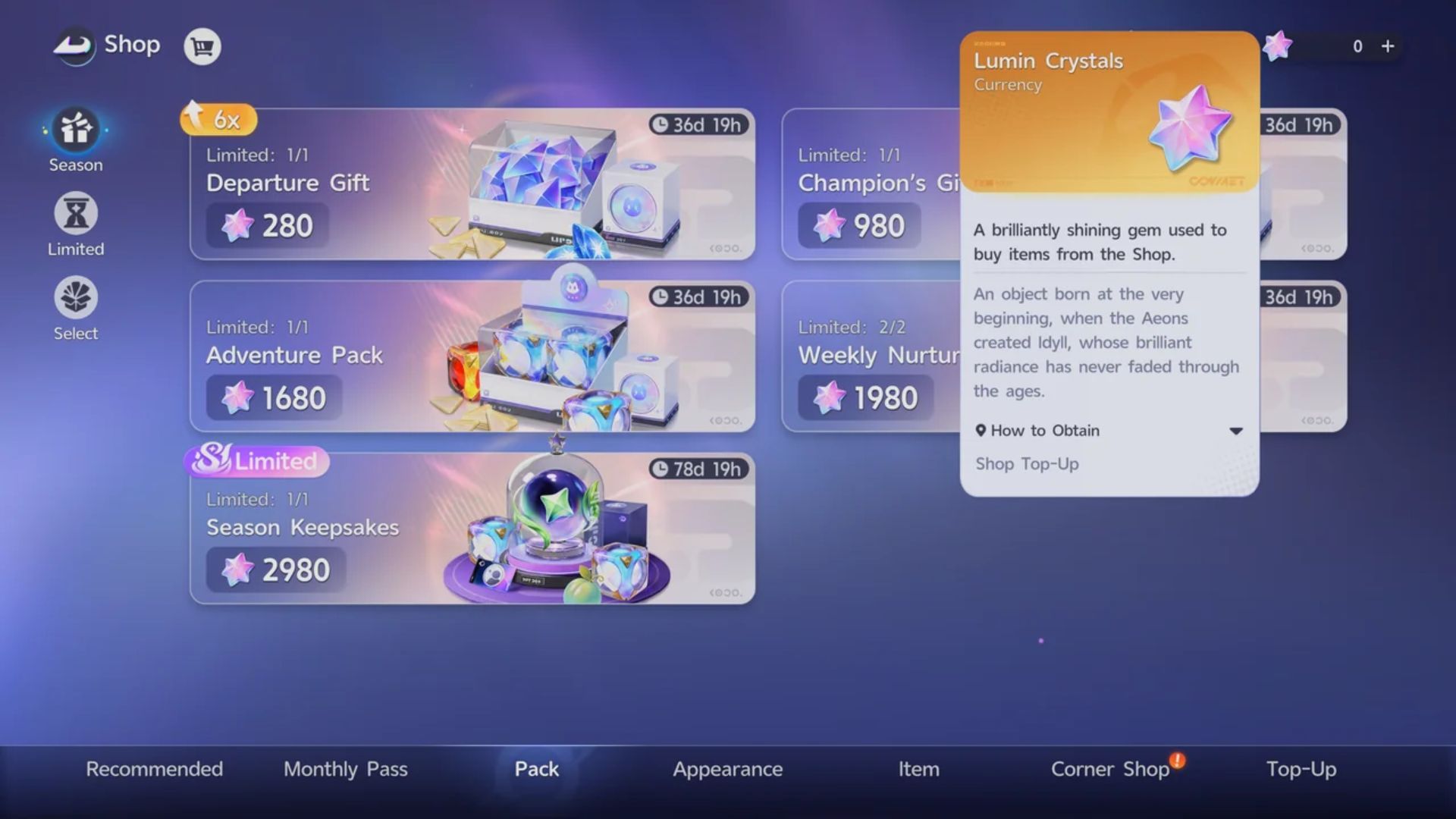 The Aniimo in-game Shop with the Lumin Crystals currency details open