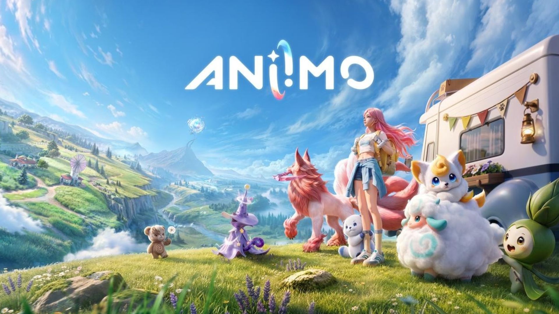Aniimo key art: a Pathfinder with Aniimo companions on a hillside in Idyll