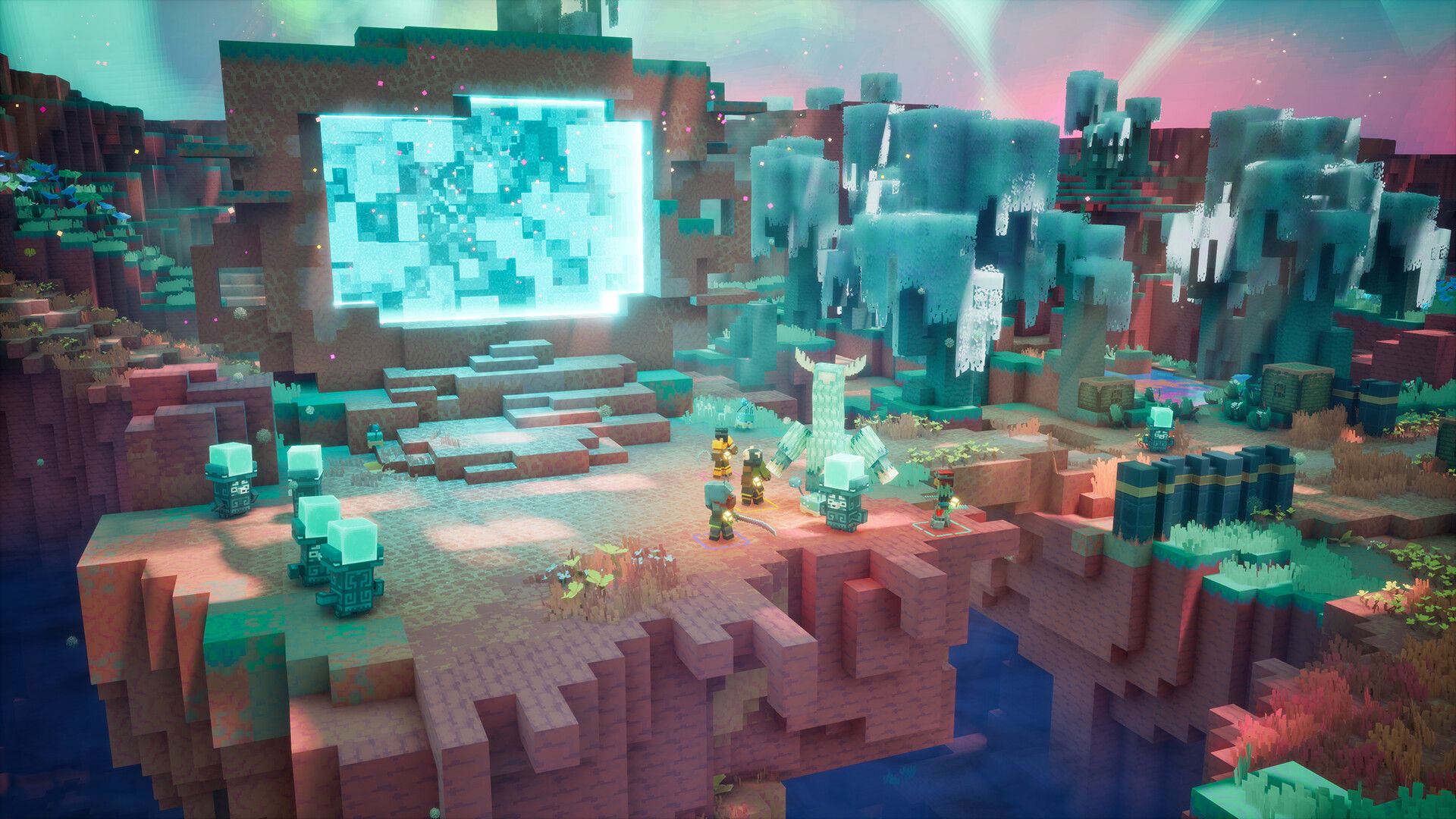 A glowing portal on a red cliff