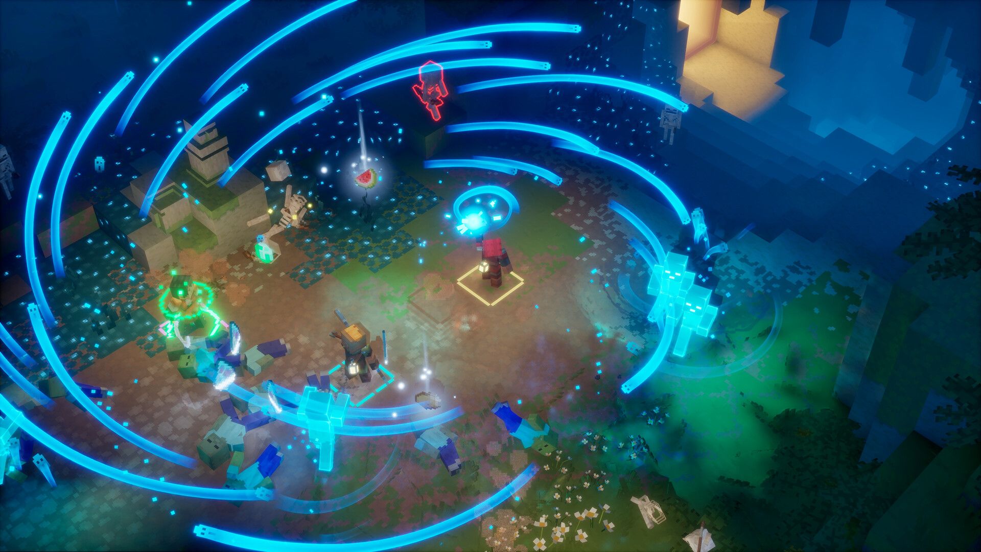 A hero inside a swirl of blue souls at night