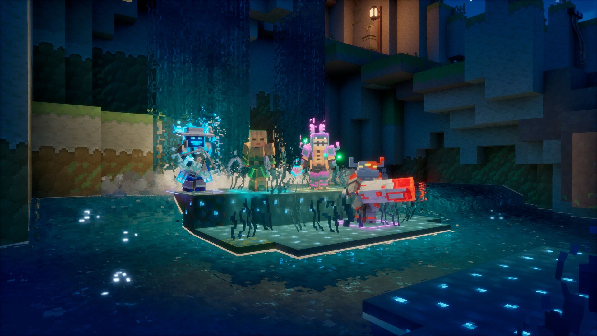 Four heroes on a glowing platform by the water at night