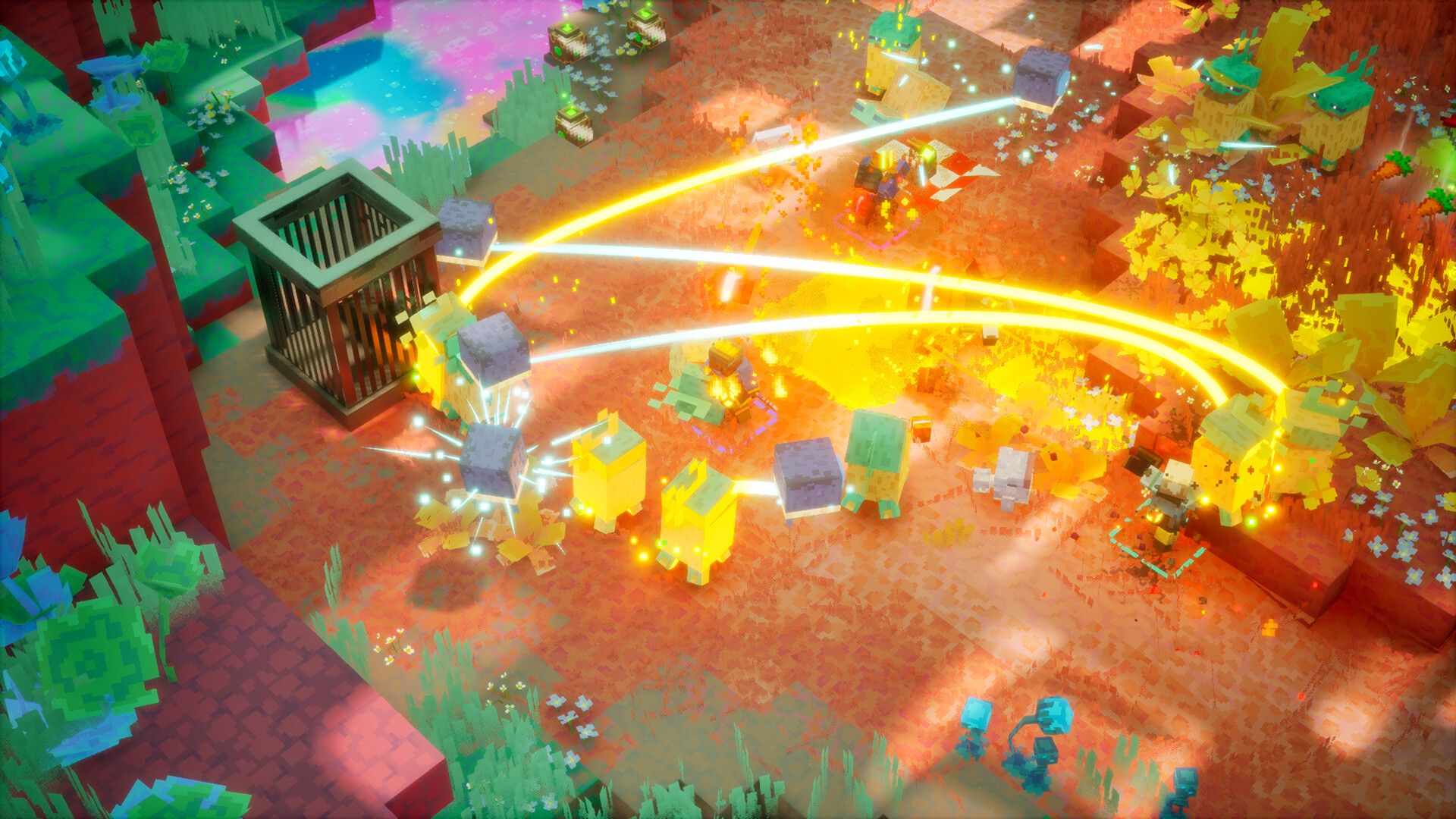 Golden beams arcing between mobs in a red field