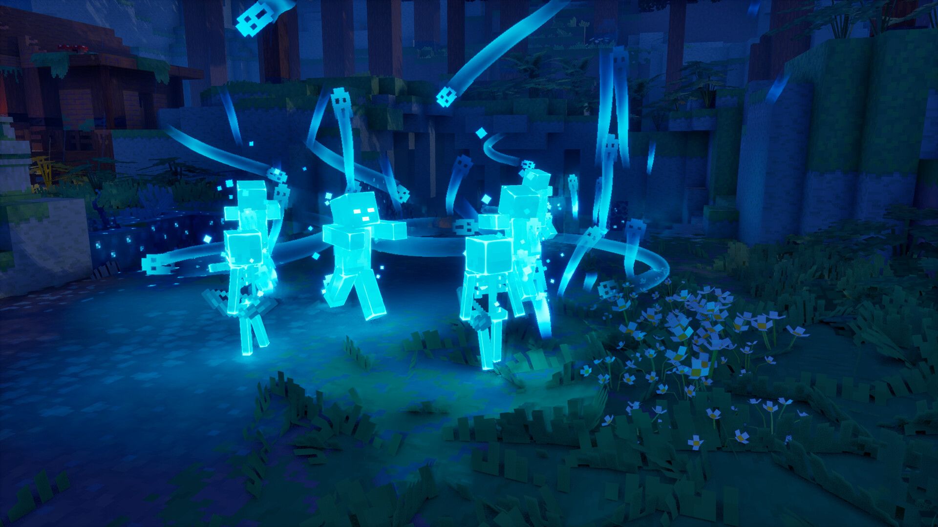 Glowing blue mobs in a forest at night