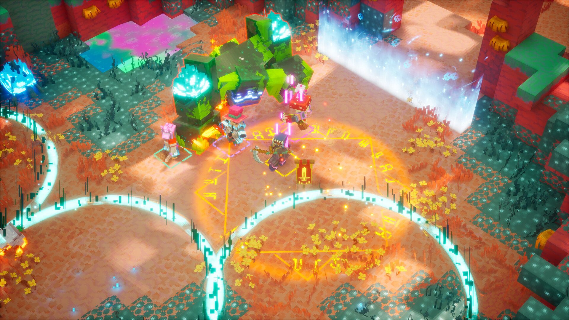Four heroes fighting a large green mob