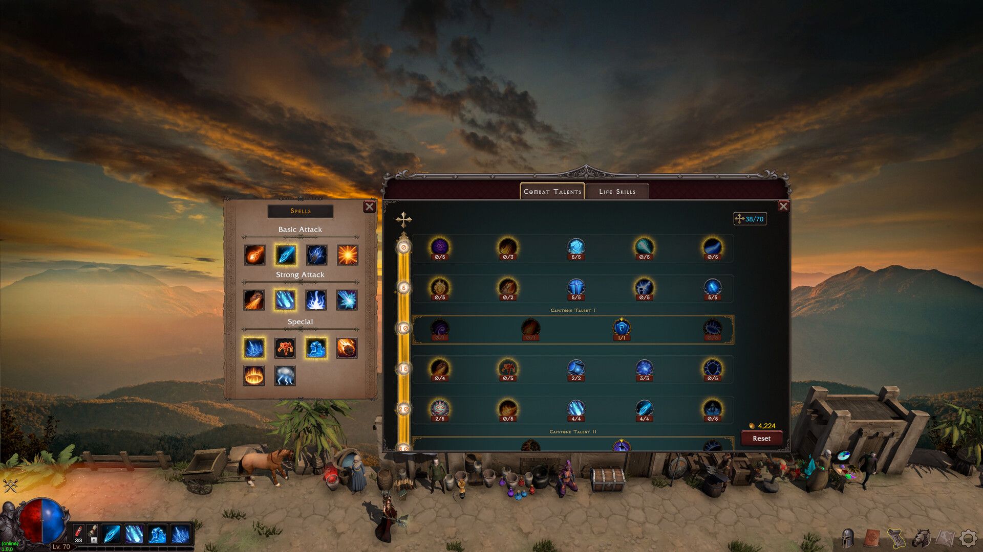 The Spells window and the Combat Talents panel