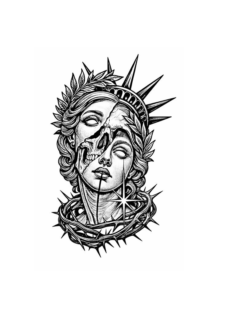 Lady Liberty with skull face tattoo